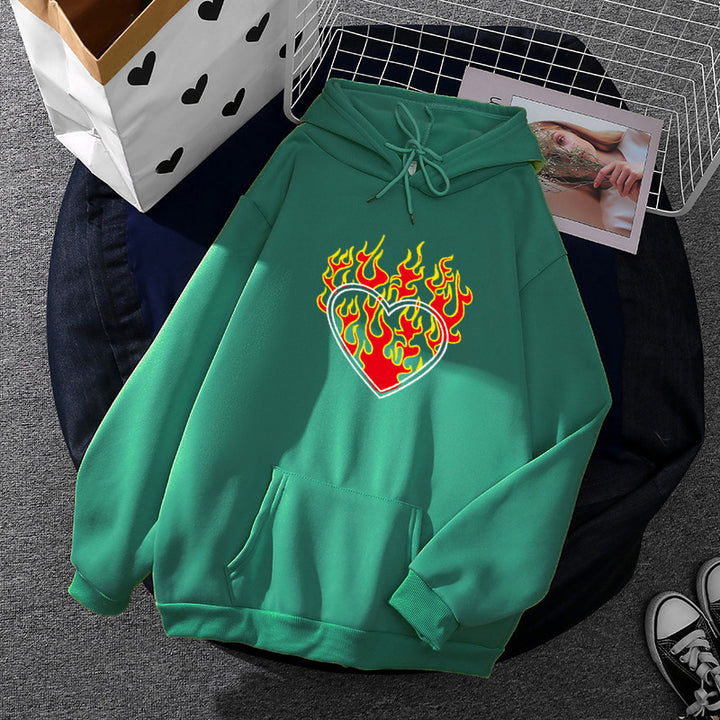 Damen leichter Oversize Kapuzenpullover mit Herz‑EKG‑Motiv, langen Kordeln und elastischem Bund – Auréline