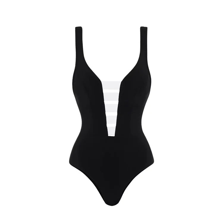Damen eleganter Einteiler mit raffiniertem Transparentstreifen und voluminösem Maxi-Rock Echo Archiv