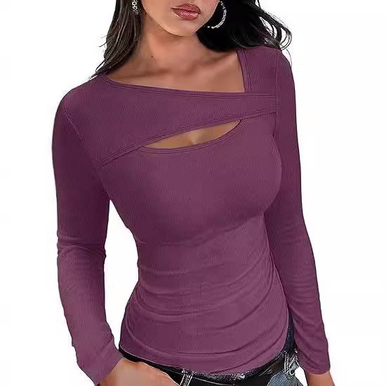Damen Geripptes Langarmshirt mit asymmetrischem Carmenausschnitt und Brust-Cut-Out Echo Archiv