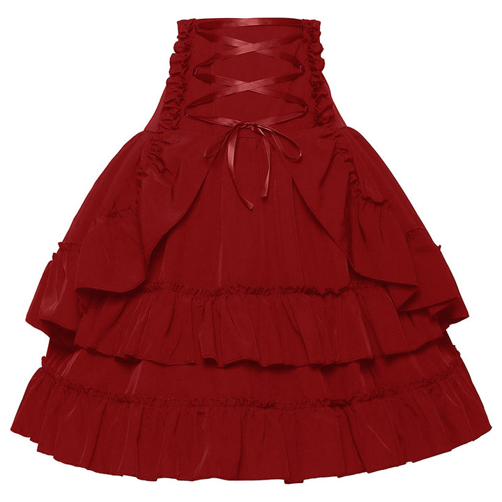 Damen gestufter Gothic-Lolita Tellerrock mit hochgeschnittener Schnürtaillenbesatz – Valéora