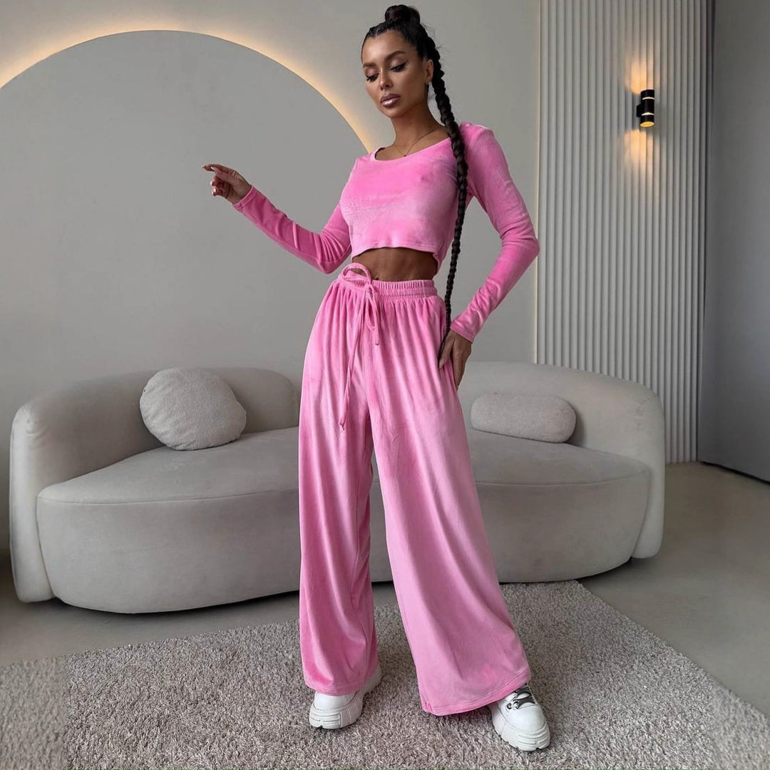 Damen Samt-Loungewear-Set mit Cropped-Langarmshirt und hoher Taillen-Palazzohose – Élanora