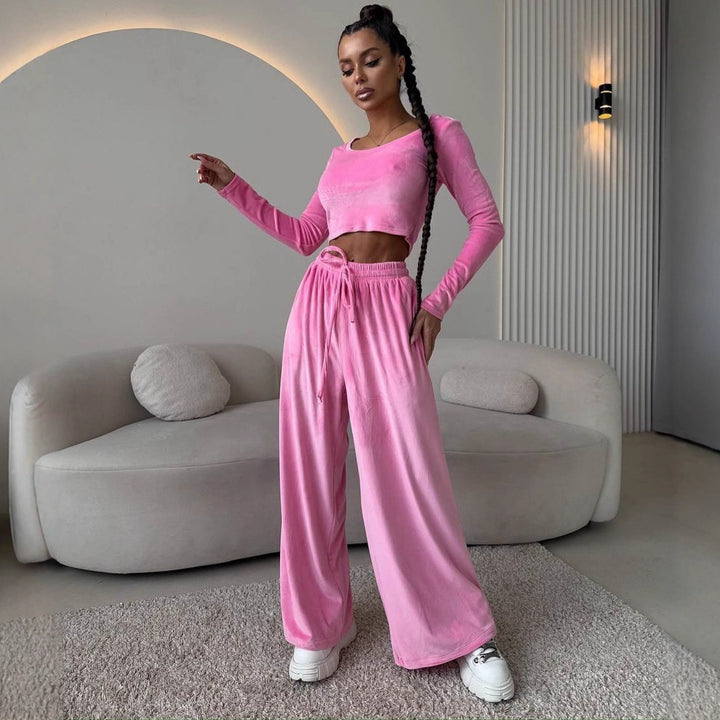 Damen Samt-Loungewear-Set mit Cropped-Langarmshirt und hoher Taillen-Palazzohose – Élanora