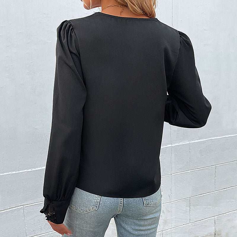 Damen Elegante V-Ausschnitt-Bluse mit Spitzenbesatz und langen Ballonärmeln Echoarchiv