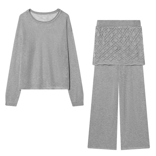 Damen Leichtes Feinstrick-Loungewear-Set mit Rundhalsausschnitt und weiter Palazzo-Hose Echo Archiv