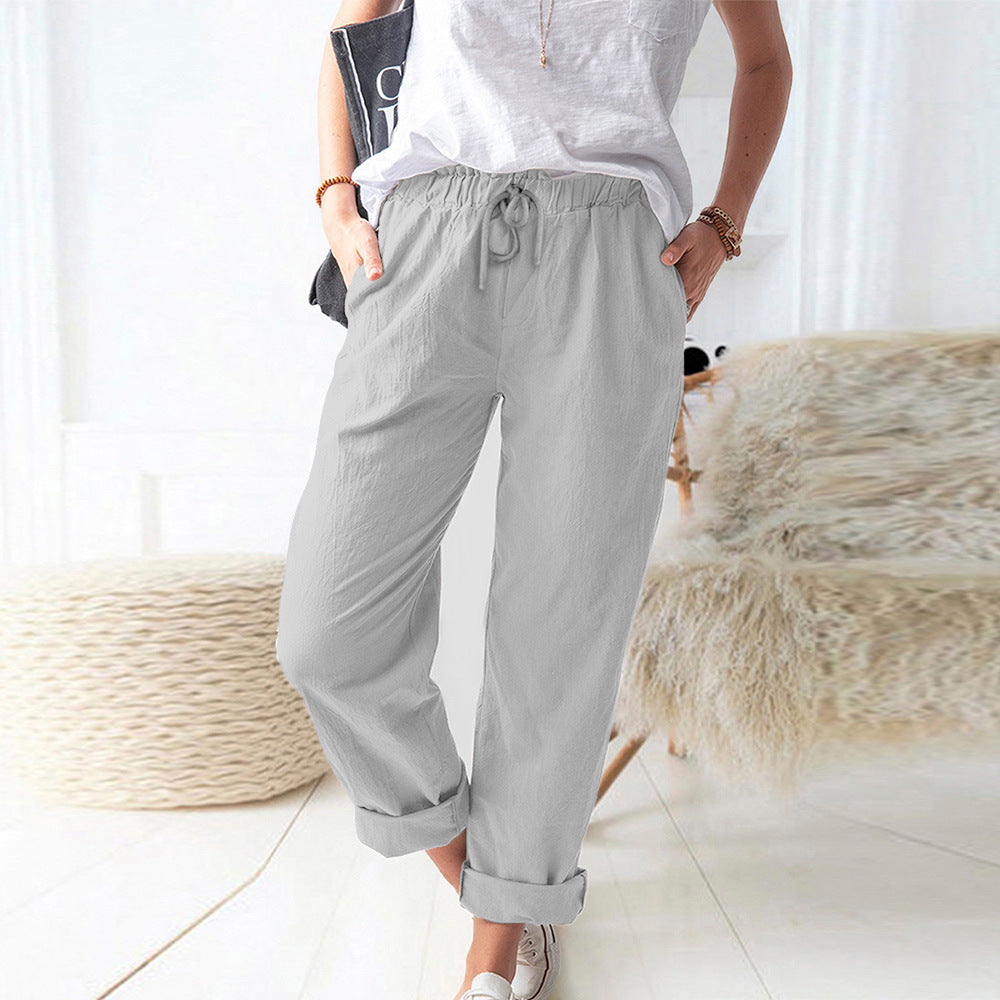 Damen Lockere Leinenoptik-Hose mit Elastischem Bund, Kordelzug und Aufgeschlagenem Saum – Avélisse