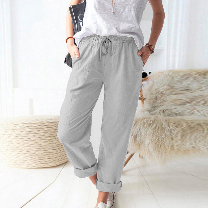 Damen Lockere Leinenoptik-Hose mit Elastischem Bund, Kordelzug und Aufgeschlagenem Saum – Avélisse
