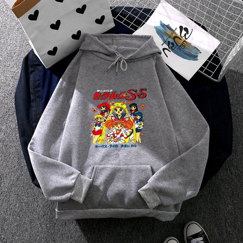 Damen Oversize-Kapuzenpullover mit gerautem Fleecefutter, Retro‑Anime‑Print und Kängurutasche – Auréline