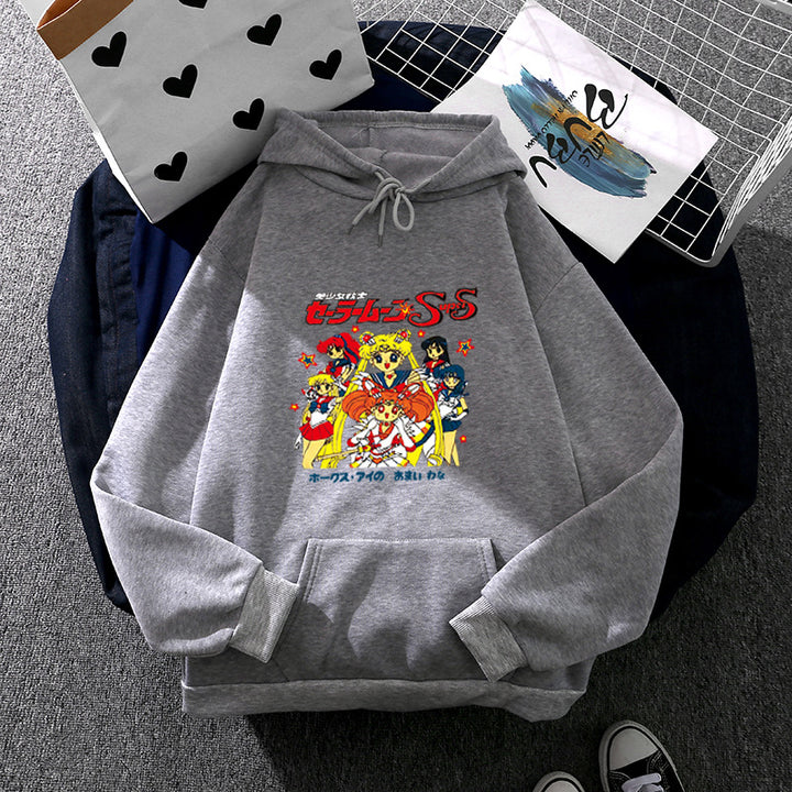 Damen Oversize-Kapuzenpullover mit gerautem Fleecefutter, Retro‑Anime‑Print und Kängurutasche – Auréline