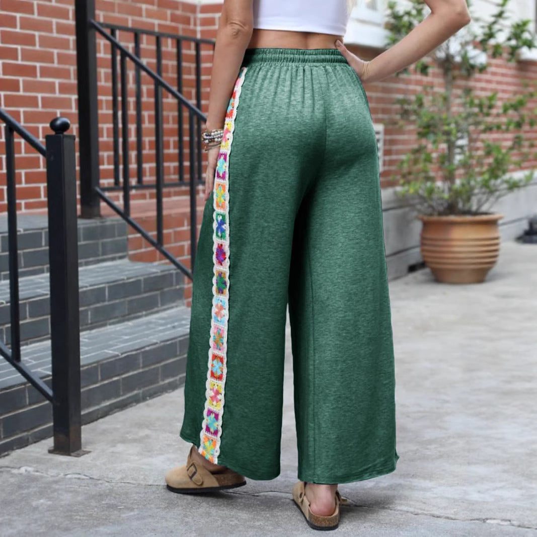 Damen weite Jersey-Hose mit hohem Gummibund, Kordelzug und gehäkeltem Seitenstreifen – Avérine