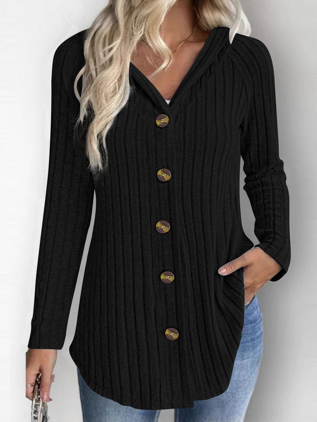 Damen Gerippte Longcardigan-Tunika mit Knopfleiste und Eingrifftaschen Echoarchiv