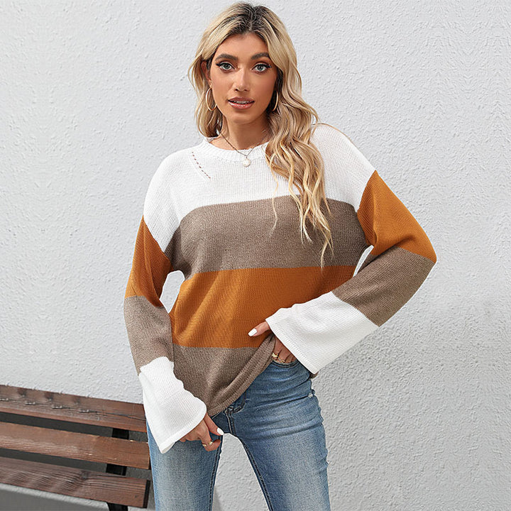 Damen Oversize Farbblock Strickpullover mit Rundhalsausschnitt und langen Ärmeln Echoarchiv