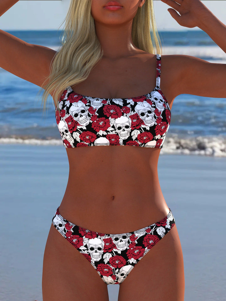 Damen Bikini-Set mit modernem Totenkopf- und Blumenmuster Echo Archiv
