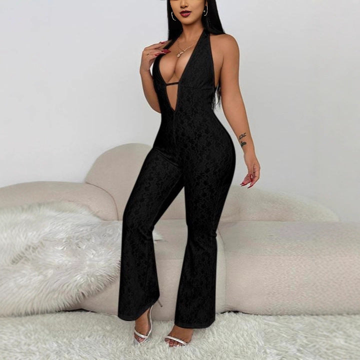 Damen eleganter Jumpsuit mit tiefem V-Ausschnitt und Spitzendetails Echo Archiv