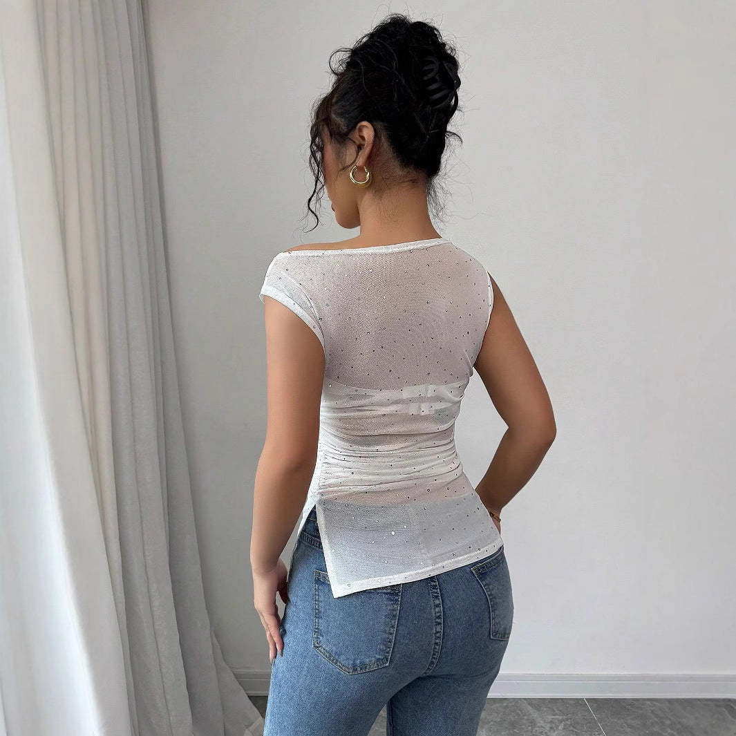 Damen nan figurbetontes Mesh-Top mit Strassbesatz, asymmetrischem Ausschnitt und Taillenraffung Echo Archiv