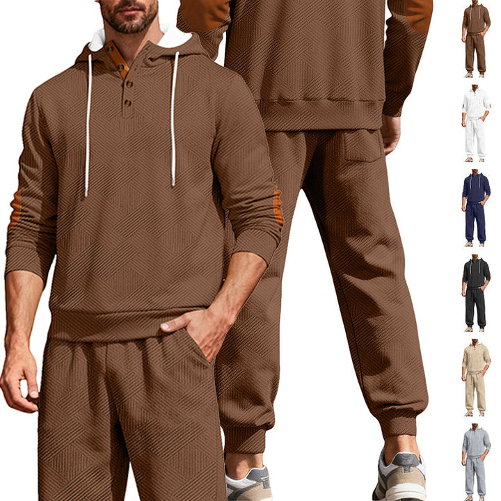 Herren nan strukturiertes Kapuzen-Joggingset mit Henley-Knopfleiste und Kontrast-Ellenbogenpatches Echo Archiv