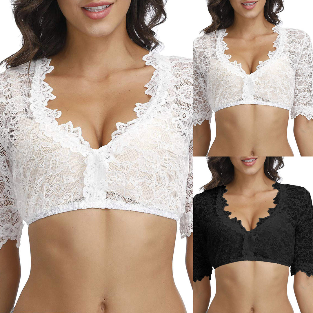 Damen nan spitzenbesetzte Kurzbluse mit V-Ausschnitt und halblangen Ärmeln Echo Archiv
