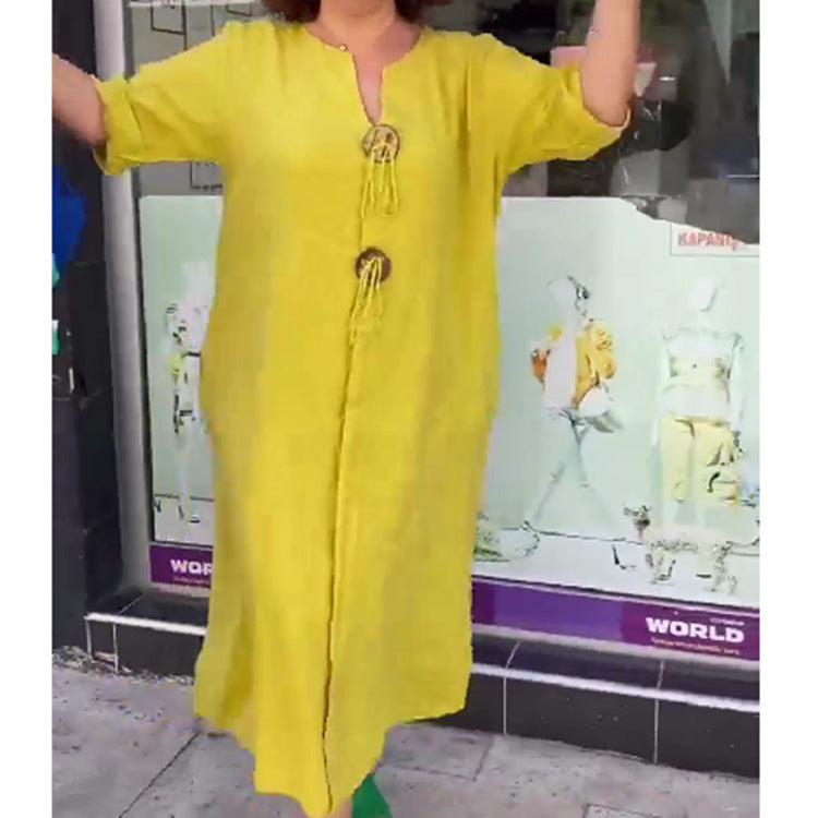 Damen Lange Leinen Look Kaftan Kleid mit Holerring Dekorbändchen und Roll-Up Drei-Viertel Ärmeln – Valéora