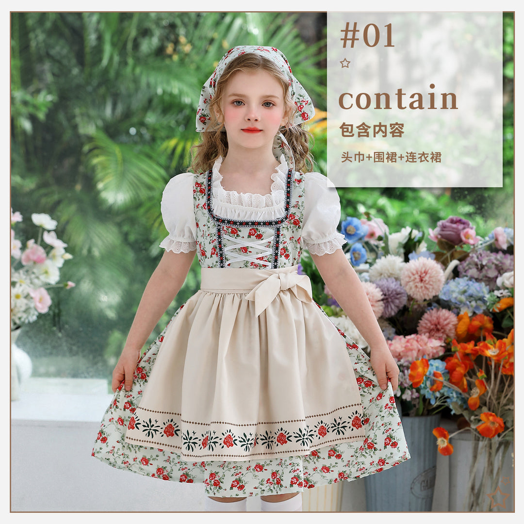 Damen nan traditionelles Dirndlkleid für Mädchen mit bestickter Schürze, Rüschenkragen und passendem Kopftuch Echo Archiv