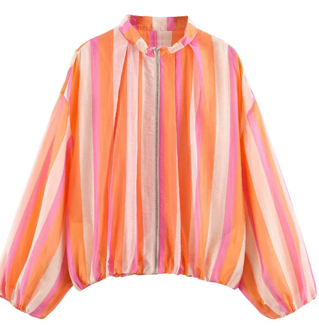 Damen Gestreifte Cropped Blousonjacke mit Stehkragen, Reißverschluss und Ballonärmeln Echo Archiv