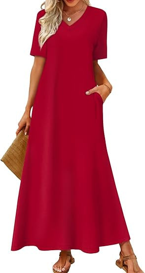 Damen Langes A-Linien-Maxikleid mit V-Ausschnitt, Kurzarm und Eingrifftaschen Echoarchiv