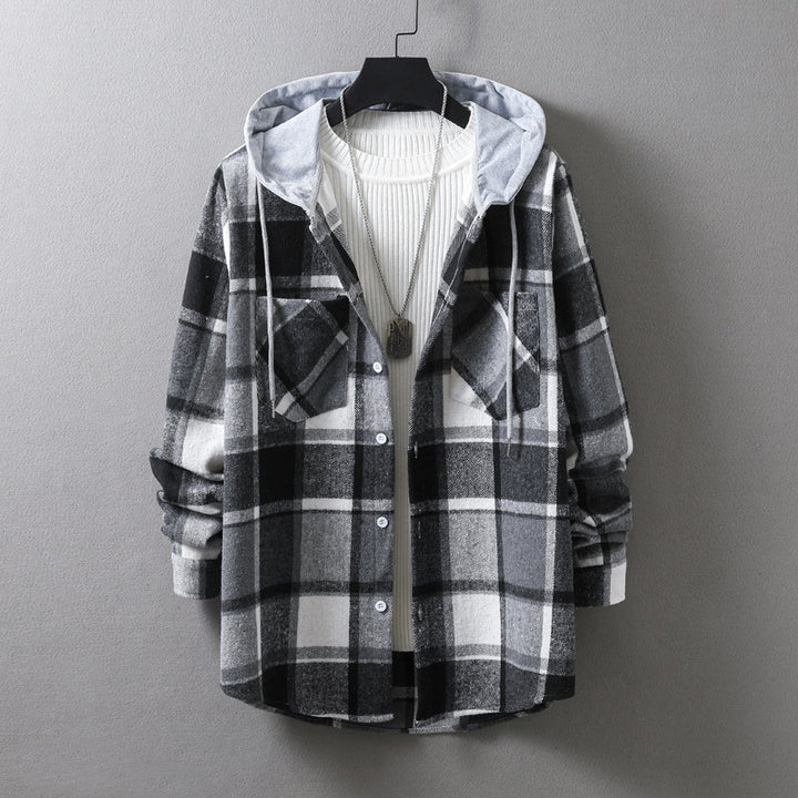 Herren lässige Flanell-Hemdjacke mit Kapuze und grafischem Karomuster Echoarchiv