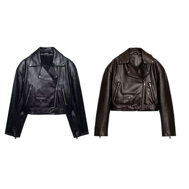 Damen Kurzgeschnittene Bikerjacke aus strukturiertem Lederimitat mit Taillengürtel Echoarchiv