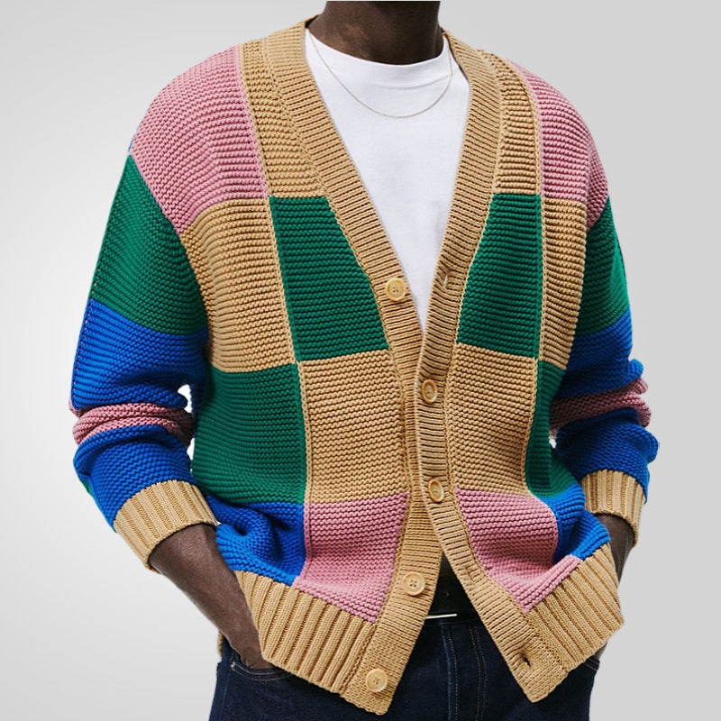 Herren Strickjacke mit buntem Blockmuster und bequemen Knöpfen Echoarchiv