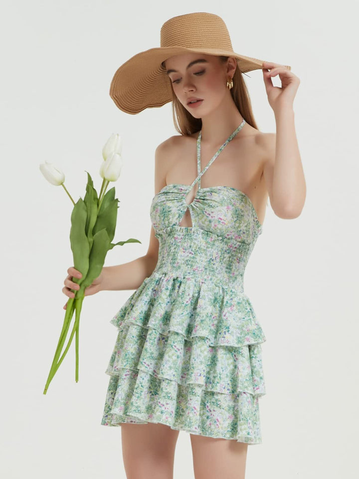 Damen Rüschenkleid mit trägerlosem Design und floralem Muster Echo Archiv