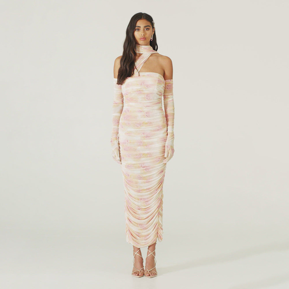 Damen figurbetontes Kleid mit asymmetrischen Ärmeln und stilvollem Drapée Echo Archiv