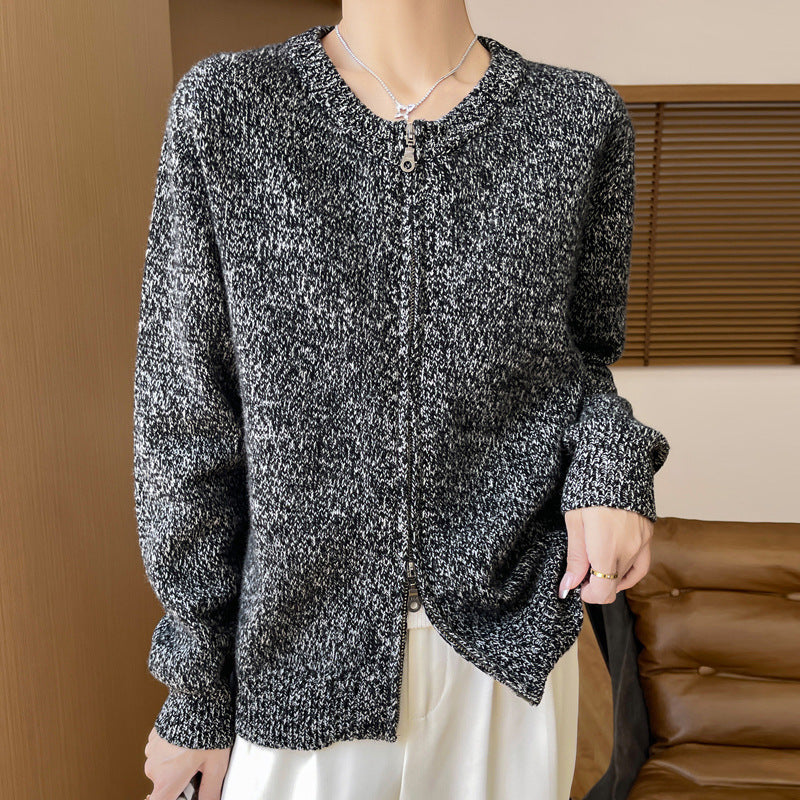 Damen Melierter Reißverschluss-Cardigan mit Zwei-Wege-Zipper und gerippten Bündchen Echoarchiv