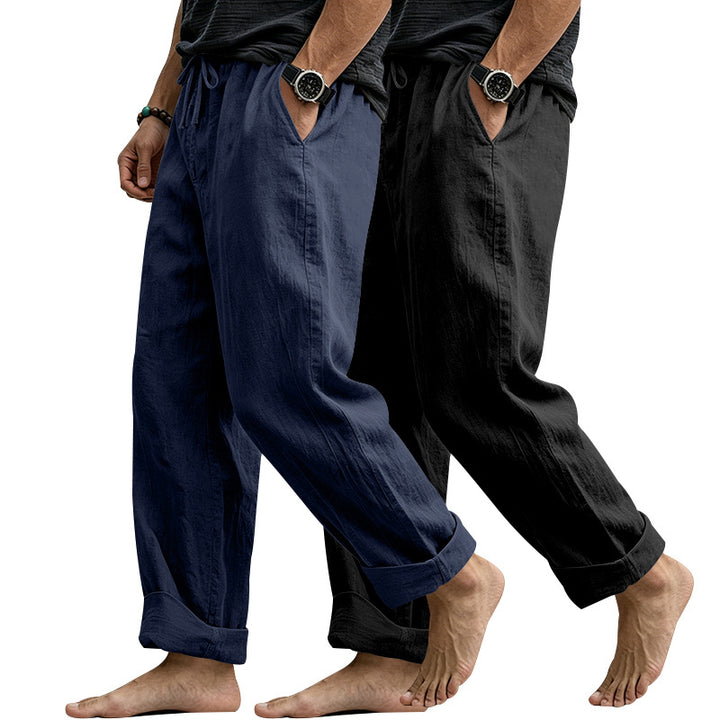 Herren Leinenmix-Loungehose mit elastischem Bund, Kordelzug und lockerer Passform Echoarchiv