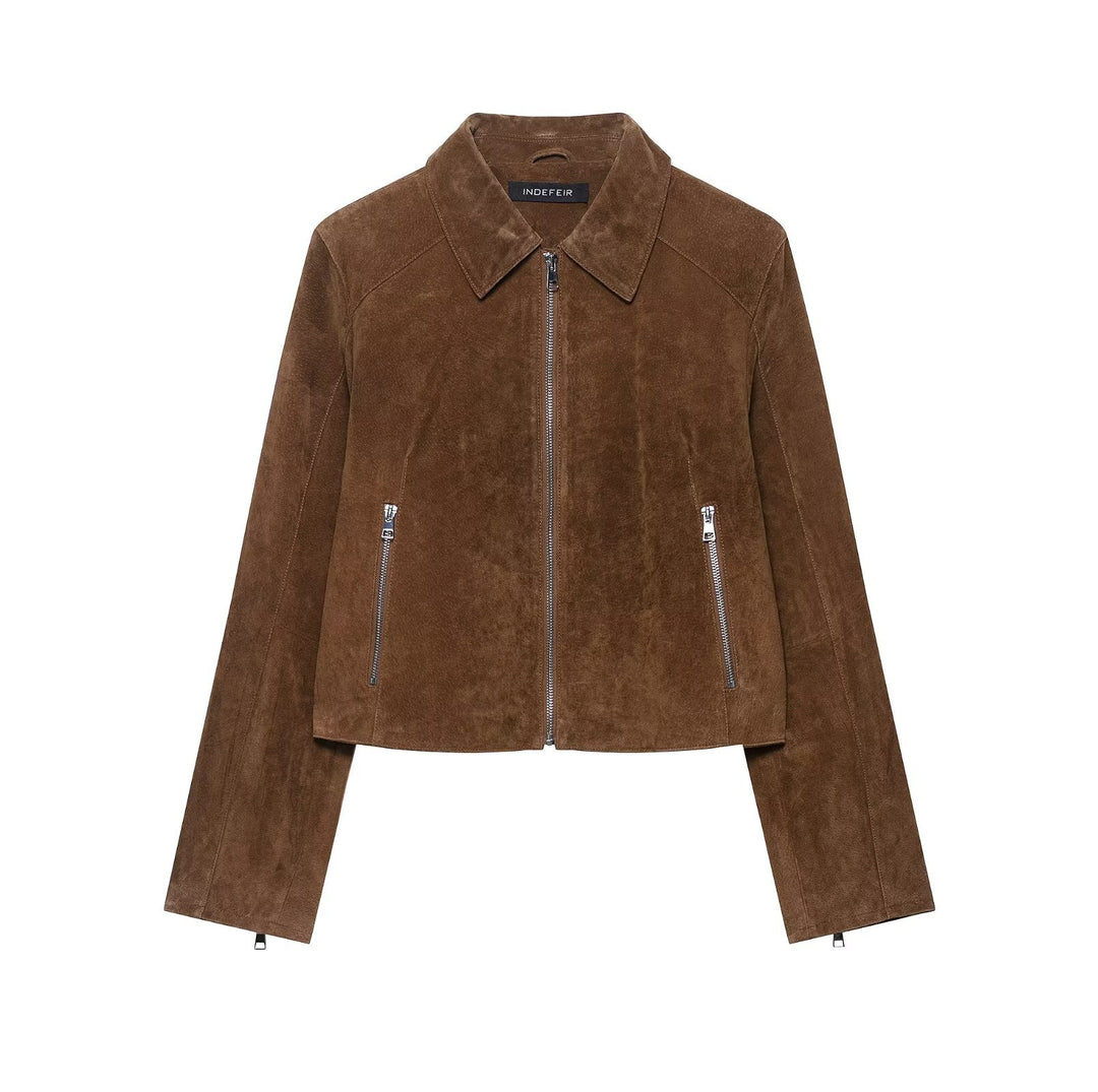 Damen Cropped Velourslederjacke mit Hemdkragen, Reißverschluss und Zipp-Taschen Echoarchiv
