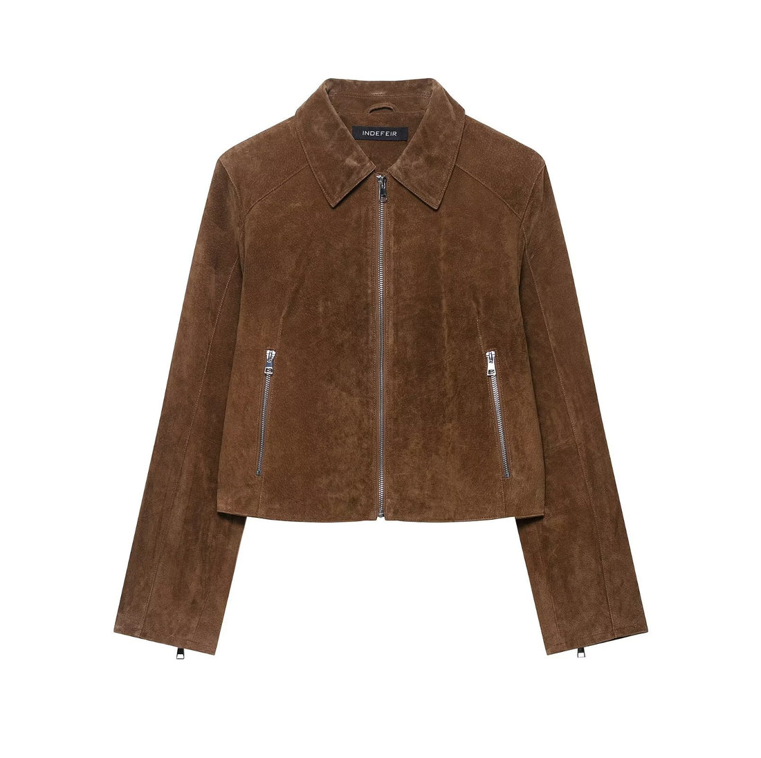 Damen Cropped Velourslederjacke mit Hemdkragen, Reißverschluss und Zipp-Taschen Echoarchiv