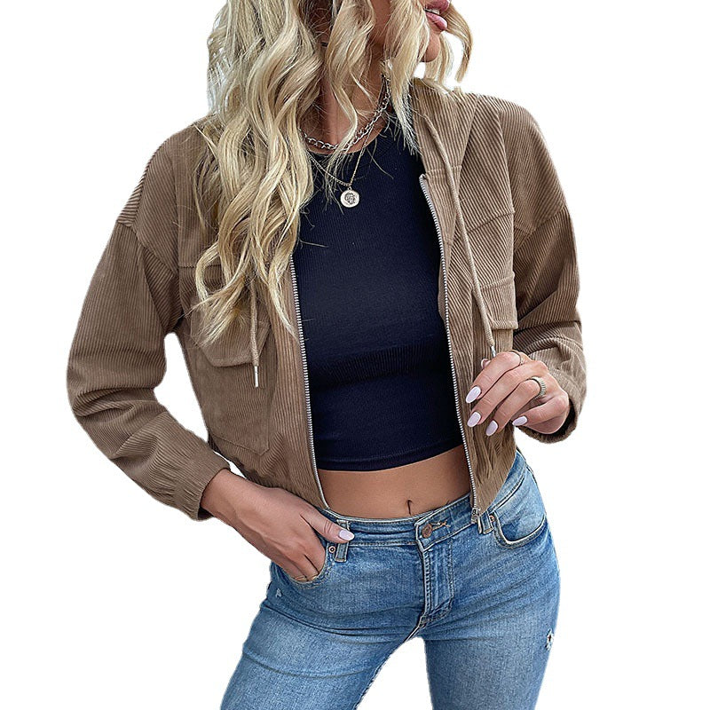 Damen Kurze Cord-Jacke mit Kapuze, Reißverschluss & Brusttaschen Echoarchiv