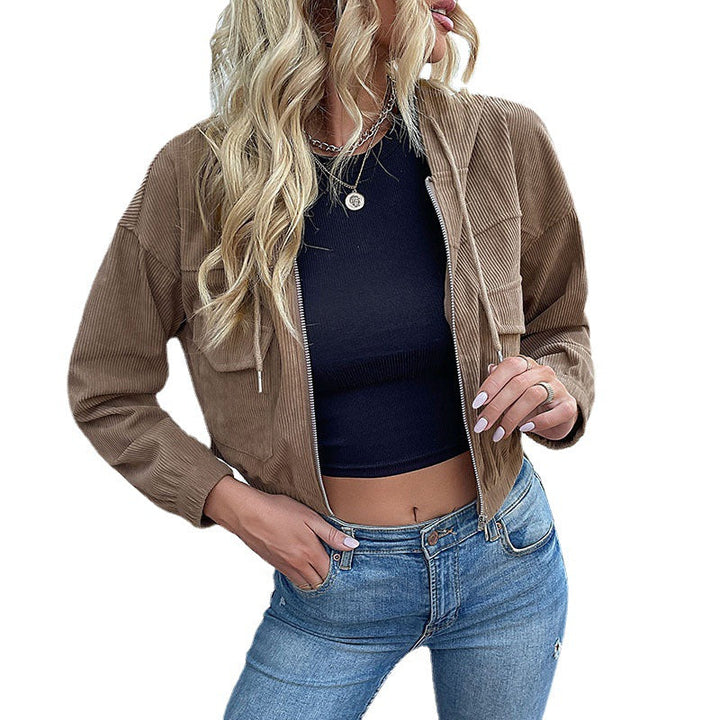 Damen Kurze Cord-Jacke mit Kapuze, Reißverschluss & Brusttaschen Echoarchiv