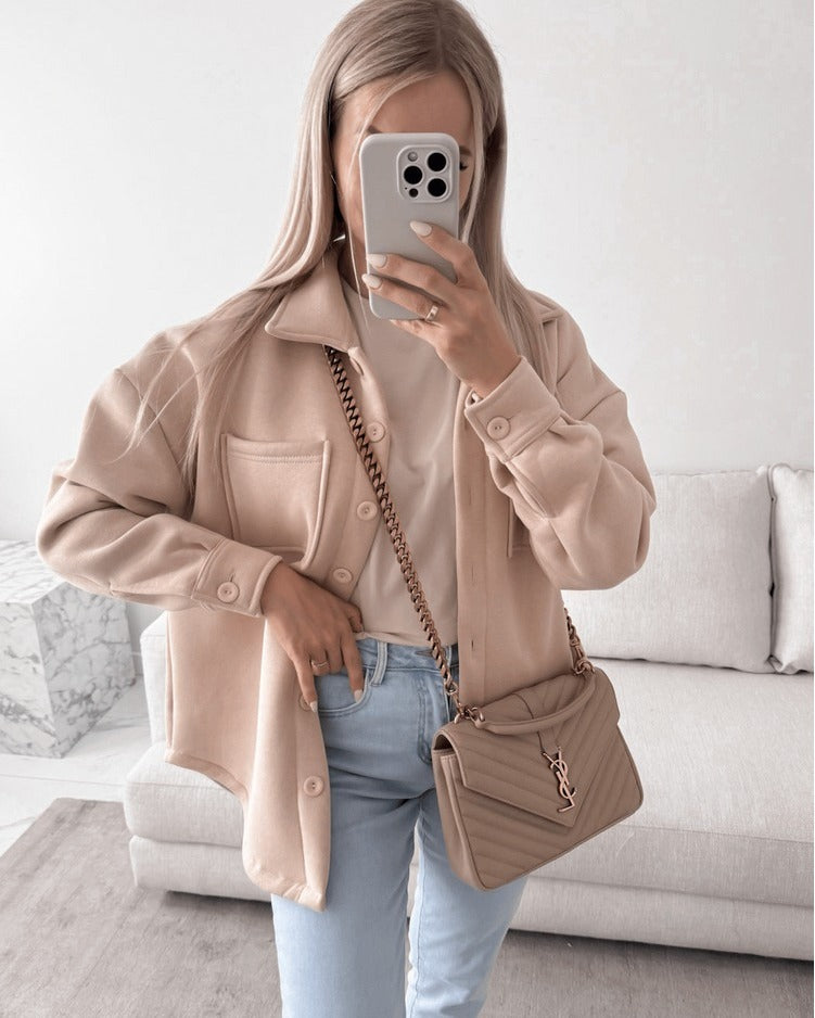Damen Oversized Hemdjacke Shacket aus weichem Wollmix mit aufgesetzten Brusttaschen Echoarchiv