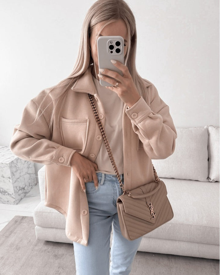 Damen Oversized Hemdjacke Shacket aus weichem Wollmix mit aufgesetzten Brusttaschen Echoarchiv