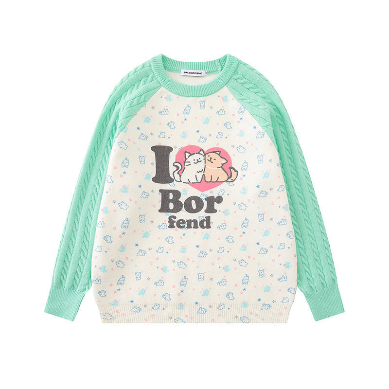 Damen Strickpullover mit Raglanärmeln, Zopfmuster-Ärmeln und Cartoon-Katzenfrontprint Echoarchiv