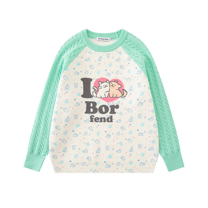 Damen Strickpullover mit Raglanärmeln, Zopfmuster-Ärmeln und Cartoon-Katzenfrontprint Echoarchiv