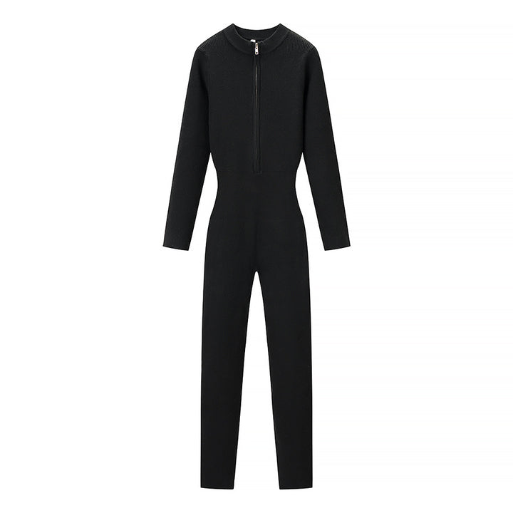 Damen Figurnaher Rippenstrick-Einteiler mit Stehkragen und Frontreißverschluss Echo Archiv