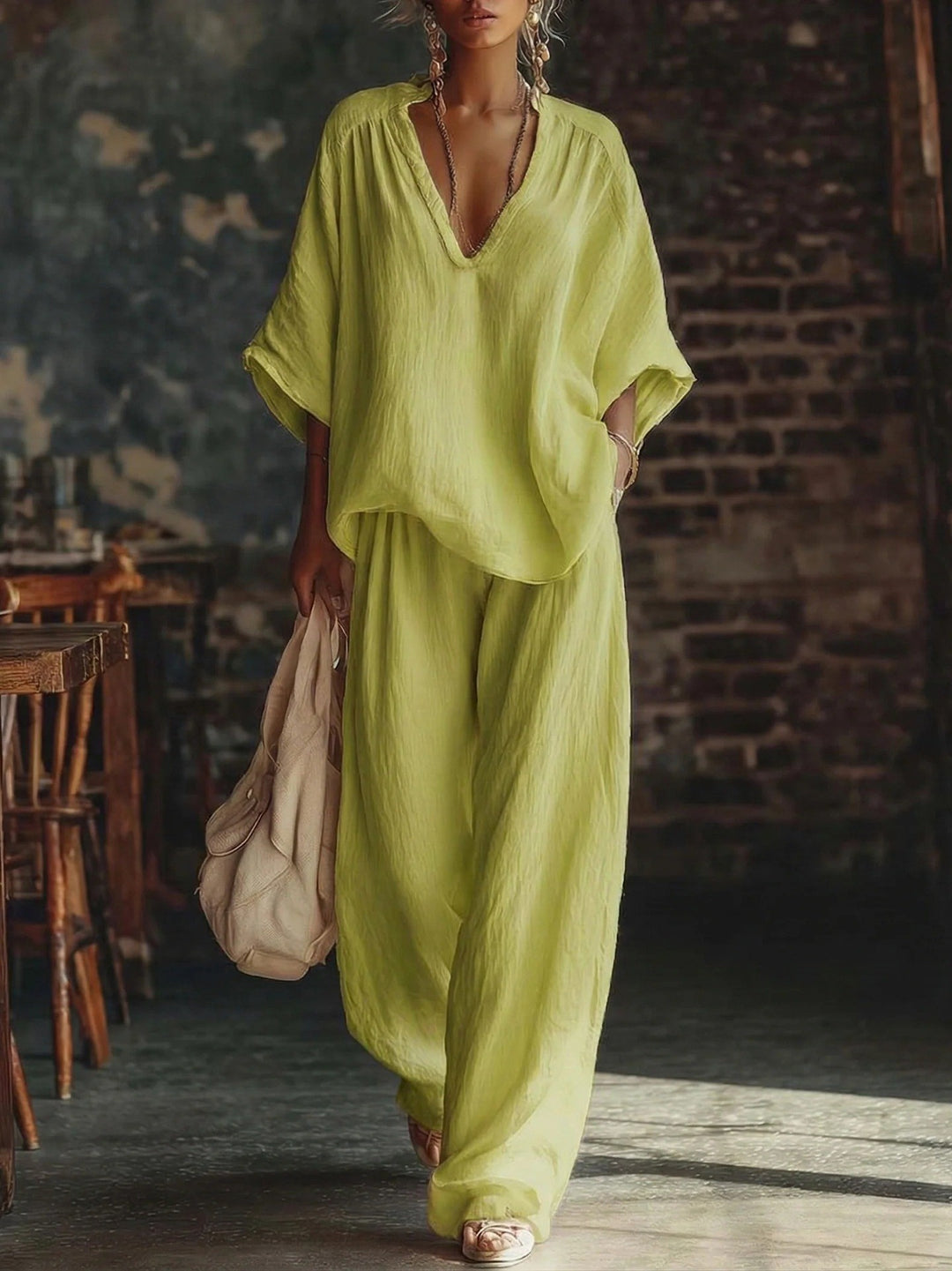 Damen nan lässiges zweiteiliges Leinenoptik-Set mit tiefem V-Ausschnitt, Oversize-Bluse und weitem Palazzo-Hosen Echo Archiv