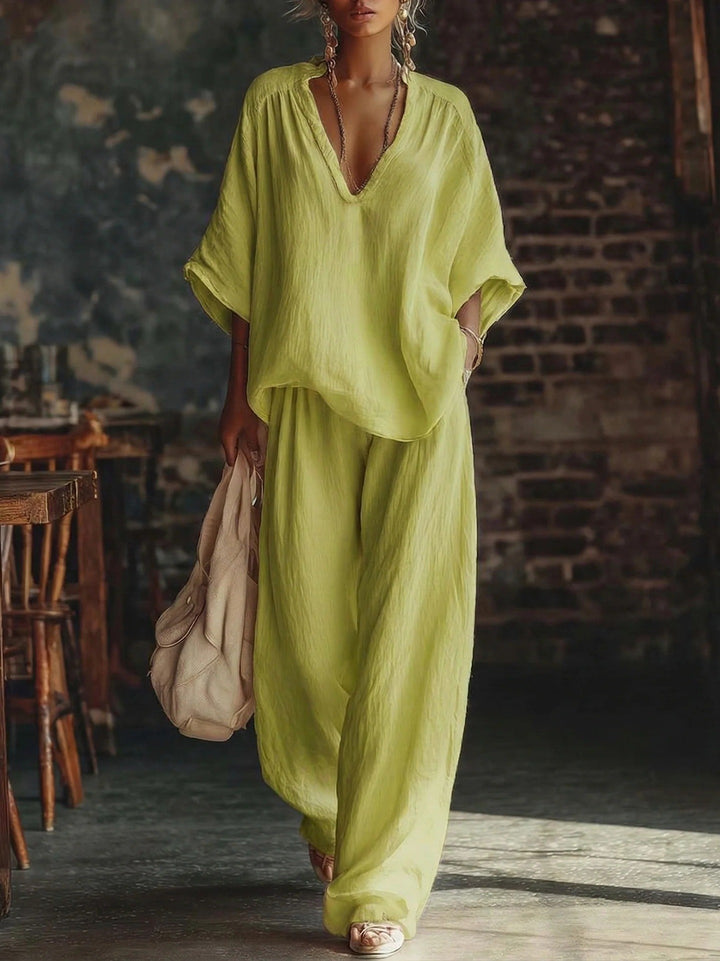 Damen nan lässiges zweiteiliges Leinenoptik-Set mit tiefem V-Ausschnitt, Oversize-Bluse und weitem Palazzo-Hosen Echo Archiv