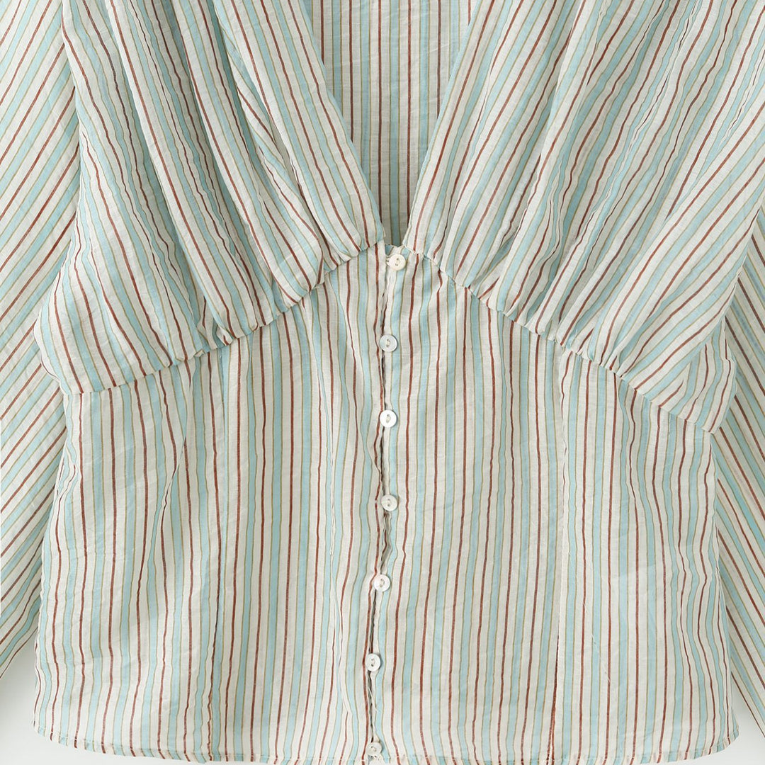 Damen Gestreifte Bluse mit tiefer Wickeloptik, Taillennaht und Ballonärmeln Echoarchiv