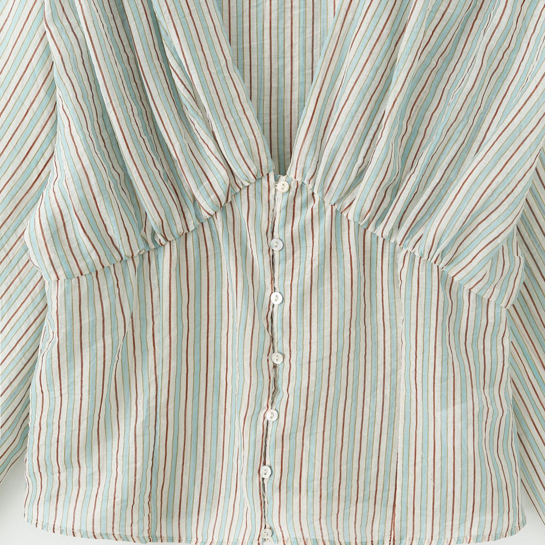 Damen Gestreifte Bluse mit tiefer Wickeloptik, Taillennaht und Ballonärmeln Echoarchiv