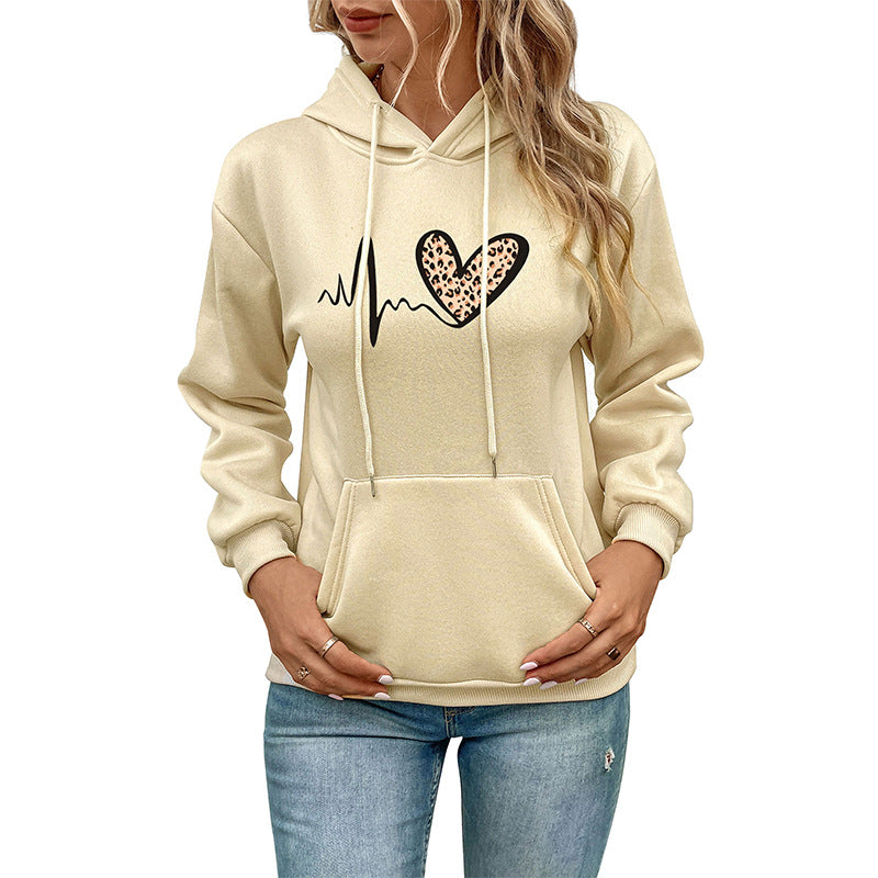 Damen Kapuzenpullover mit Herz‑EKG‑Print, Kängurutasche und lockerer Passform Echoarchiv