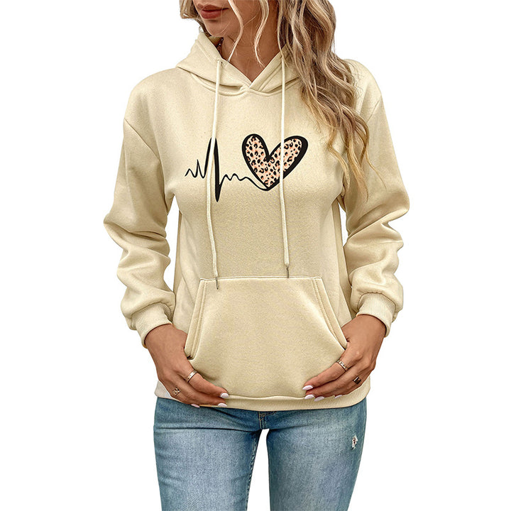 Damen Kapuzenpullover mit Herz‑EKG‑Print, Kängurutasche und lockerer Passform Echoarchiv