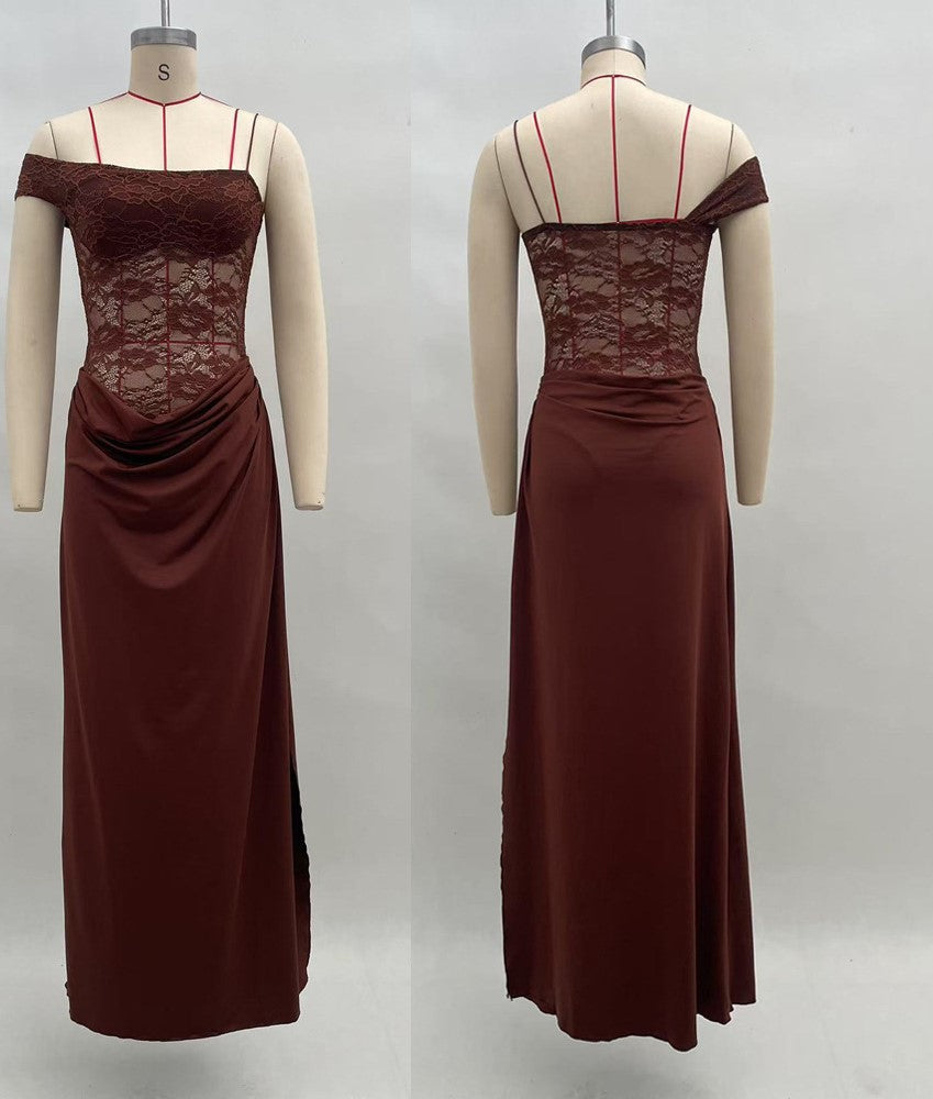 Damen elegantes Abend-Maxikleid mit raffinierten Spitzenakzenten und hohem Schlitz Echo Archiv