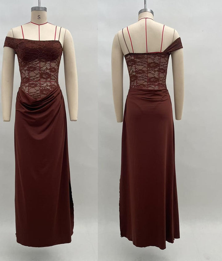 Damen elegantes Abend-Maxikleid mit raffinierten Spitzenakzenten und hohem Schlitz Echo Archiv