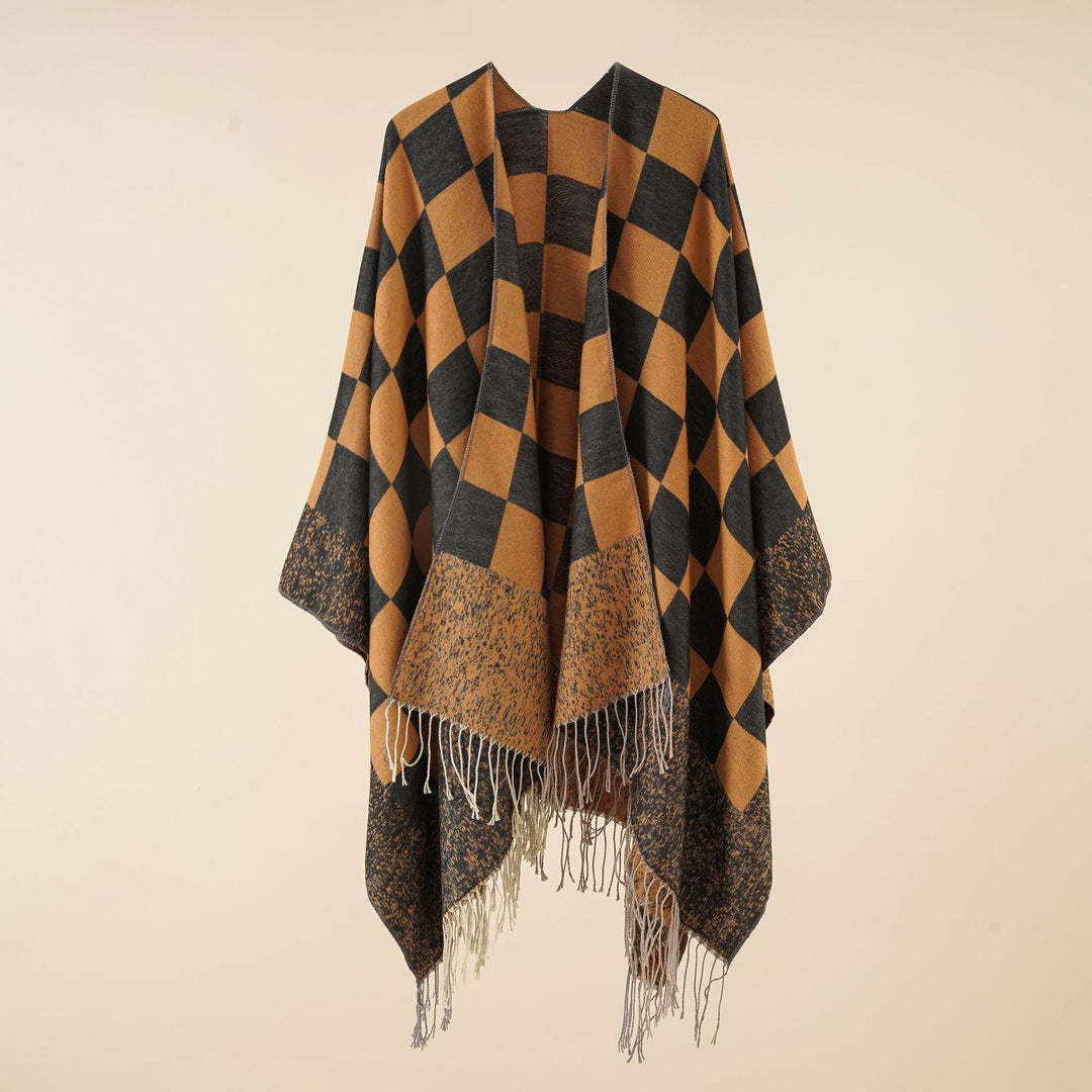 Damen Oversized gewebter Poncho mit Rautenmuster und Fransen – Avérine