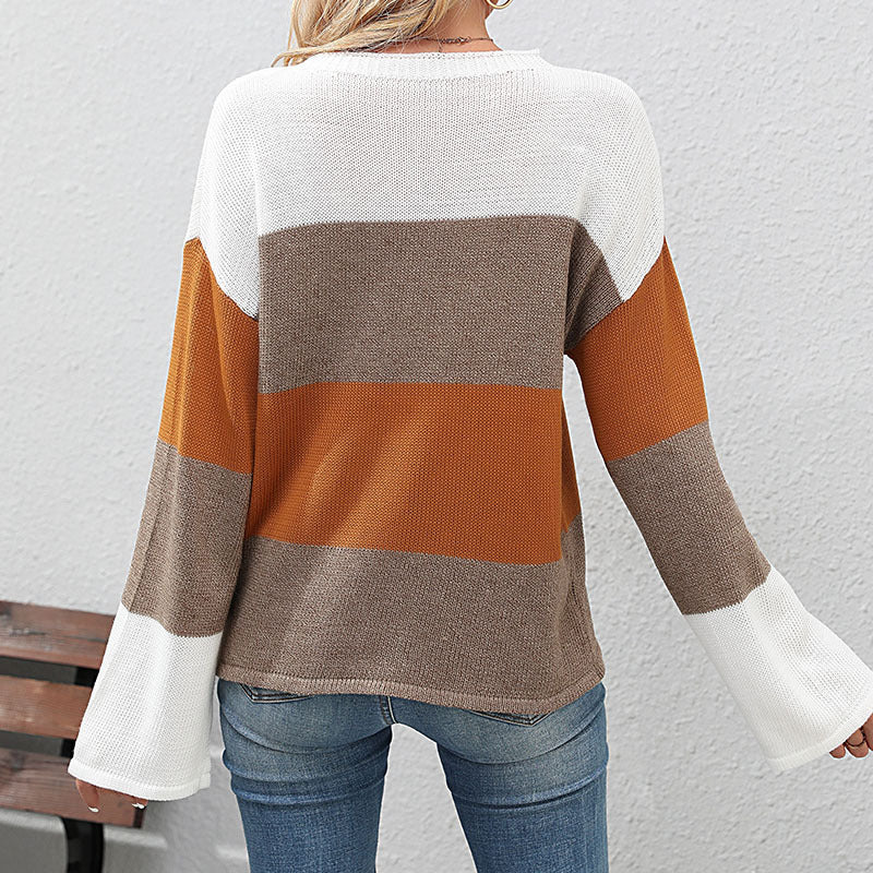 Damen Oversize Farbblock Strickpullover mit Rundhalsausschnitt und langen Ärmeln Echoarchiv